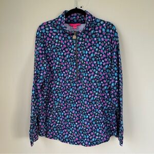 Lilly Pulitzer Women's Skipper Seabreeze Blue Low Tide Navy Spotted Top Large